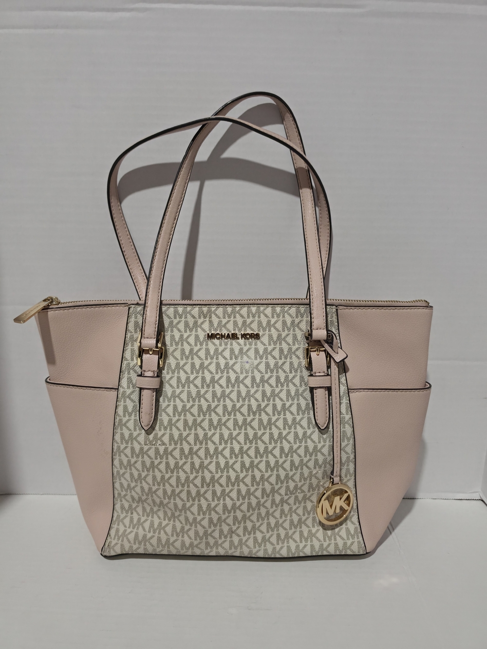Michael Kors MK Monogram Zip Top Tote Beige/Blush Gold Hardware Charm Pockets